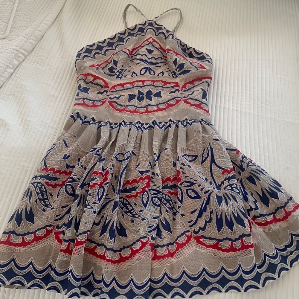 BCBG Maxazria Tan, Red, White, & Blue Sleeveless Dress Womens Size 2, EUC